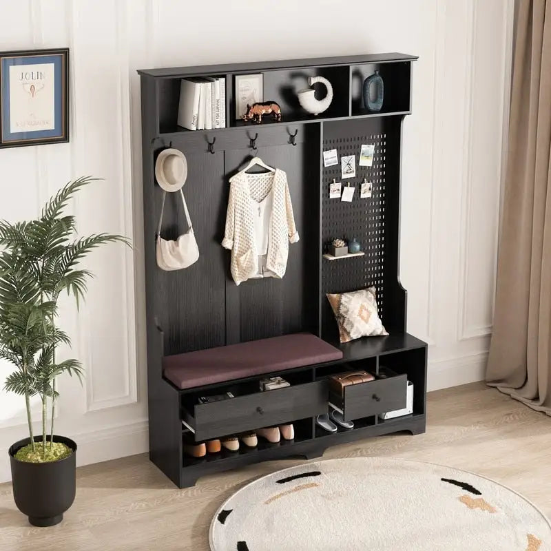 Hallway Hall Tree with Removable Cushioned Bench, Coat Rack, Storage Shelves