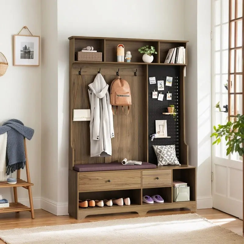 Hallway Hall Tree with Removable Cushioned Bench, Coat Rack, Storage Shelves