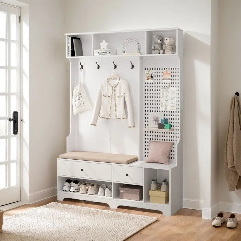 Hallway Hall Tree with Removable Cushioned Bench, Coat Rack, Storage Shelves