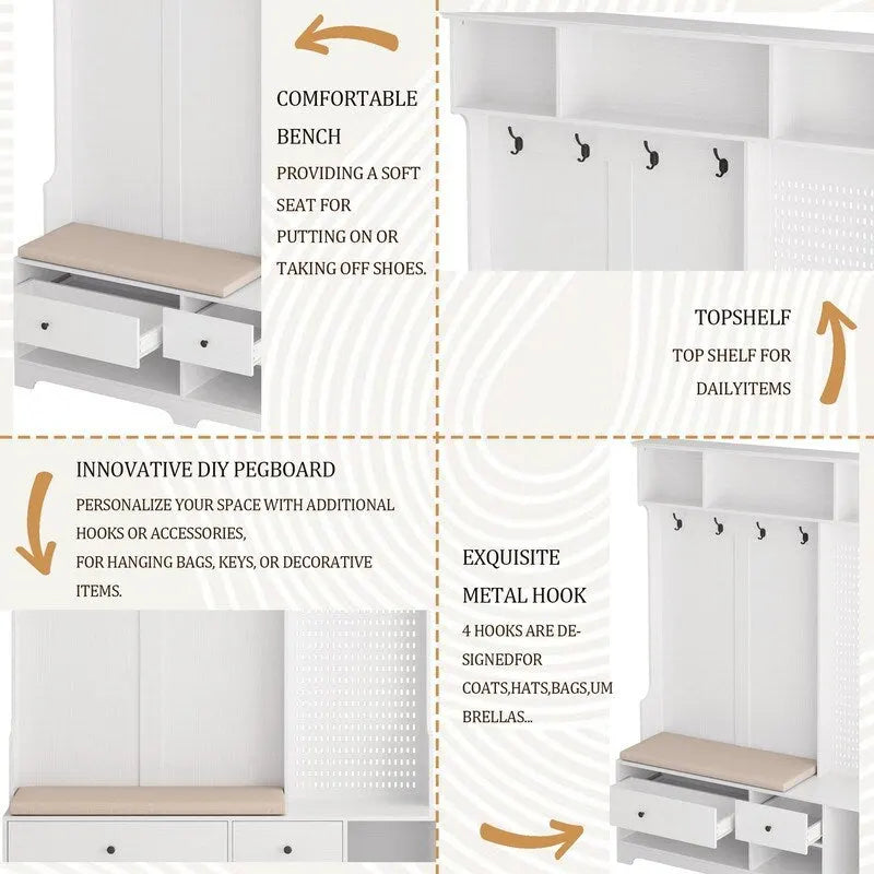 Hallway Hall Tree with Removable Cushioned Bench, Coat Rack, Storage Shelves