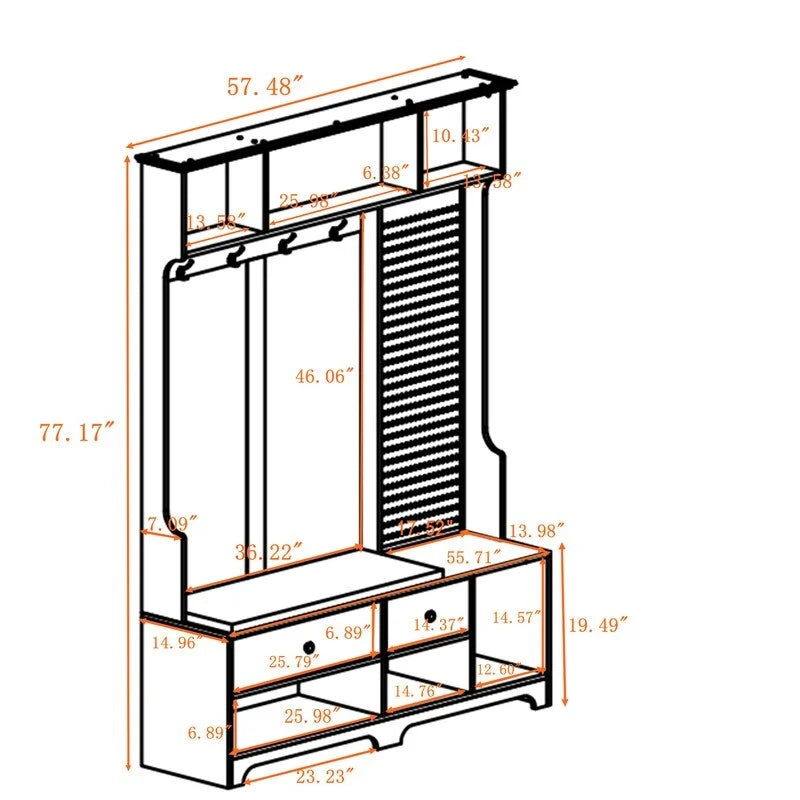 Hallway Hall Tree with Removable Cushioned Bench, Coat Rack, Storage Shelves