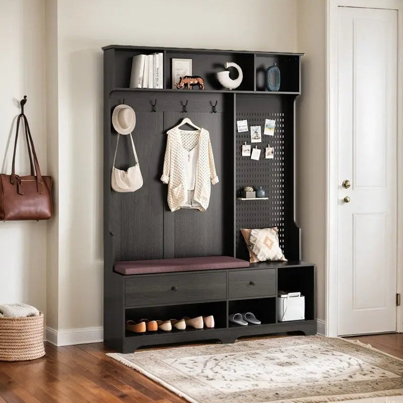 Hallway Hall Tree with Removable Cushioned Bench, Coat Rack, Storage Shelves