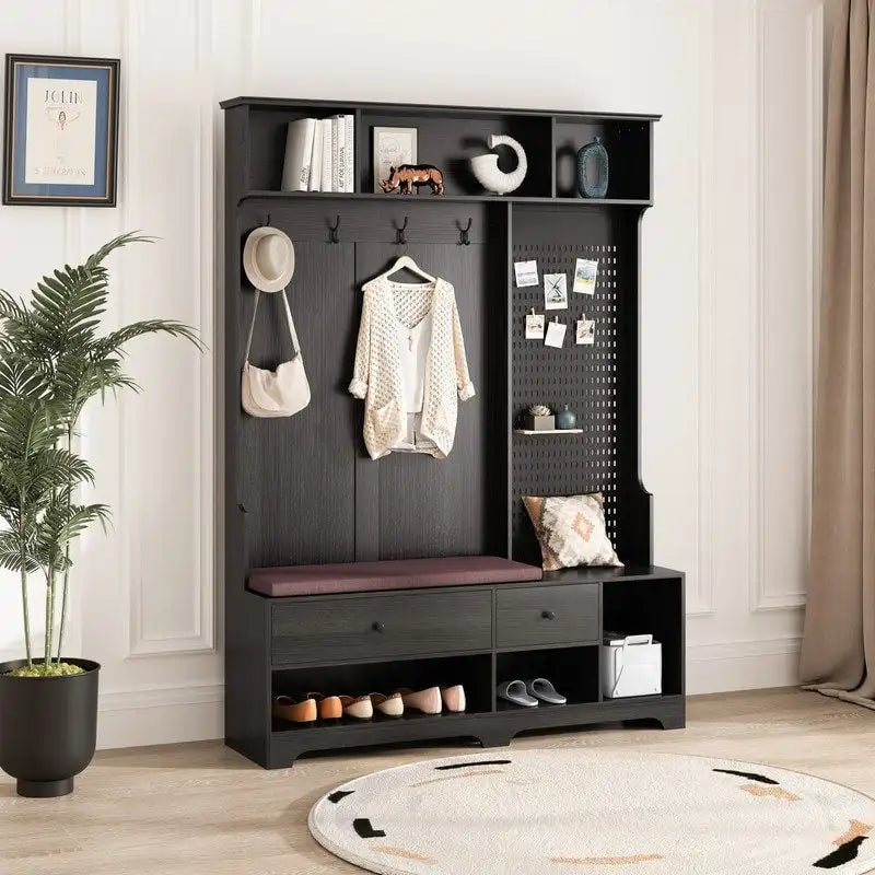 Hallway Hall Tree with Removable Cushioned Bench, Coat Rack, Storage Shelves