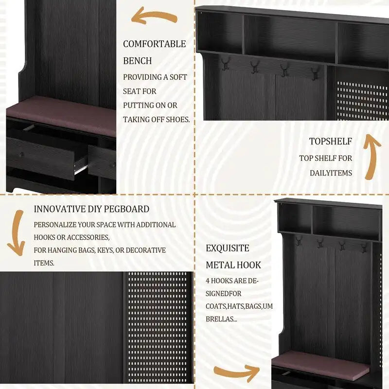 Hallway Hall Tree with Removable Cushioned Bench, Coat Rack, Storage Shelves
