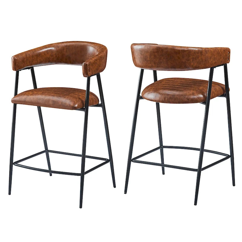 26 PU Upholstered Counter Stools, Set of 2 Bar Height Chairs with Iron Frame, Backrest, Footrest and Arms, Brown