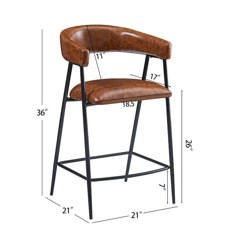26 PU Upholstered Counter Stools, Set of 2 Bar Height Chairs with Iron Frame, Backrest, Footrest and Arms, Brown