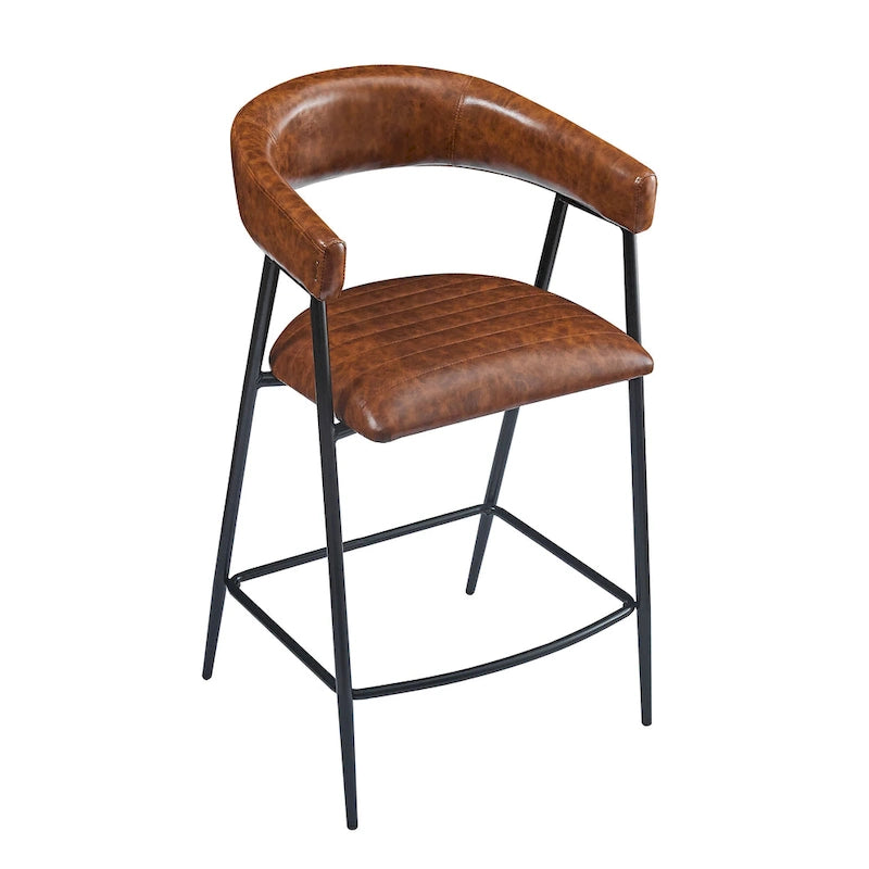26 PU Upholstered Counter Stools, Set of 2 Bar Height Chairs with Iron Frame, Backrest, Footrest and Arms, Brown