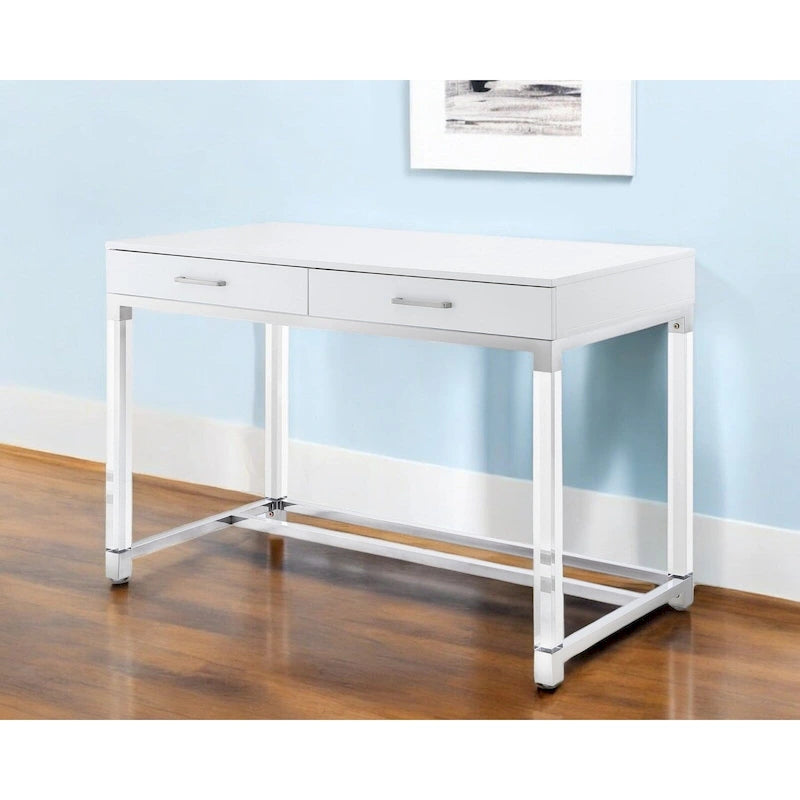48 White Clear and Gold Wood Acrylic and Stainless Steel Writing Desk With Two Drawers
