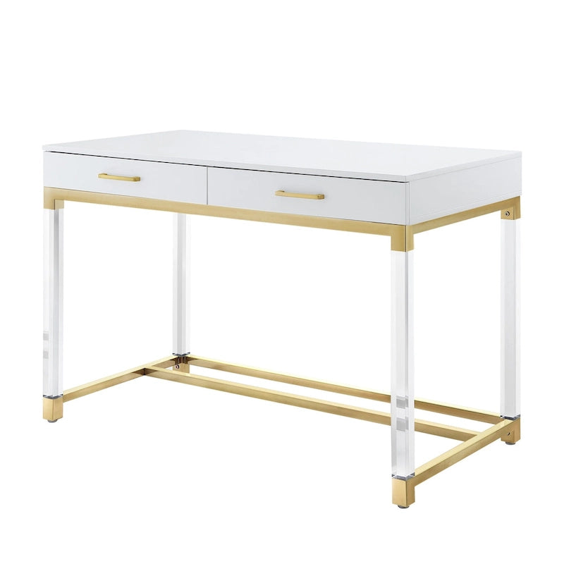 48 White Clear and Gold Wood Acrylic and Stainless Steel Writing Desk With Two Drawers