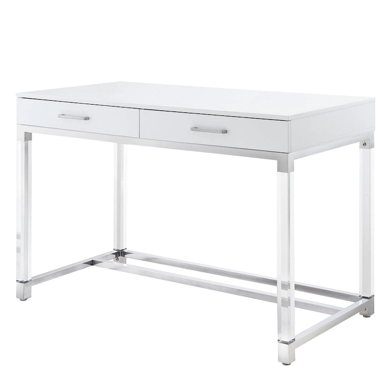 48 White Clear and Gold Wood Acrylic and Stainless Steel Writing Desk With Two Drawers