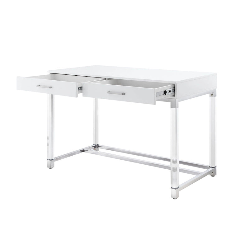 48 White Clear and Gold Wood Acrylic and Stainless Steel Writing Desk With Two Drawers