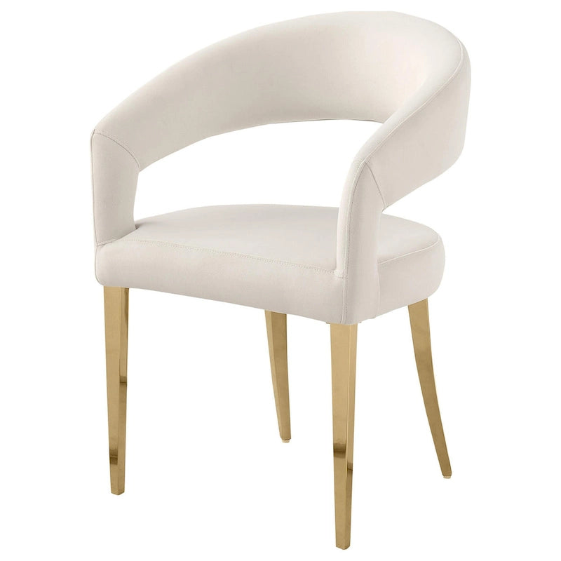 Dining Chair Set of 2, Curved Open Back, Gold Legs, White Fabric