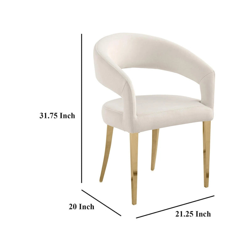 Dining Chair Set of 2, Curved Open Back, Gold Legs, White Fabric