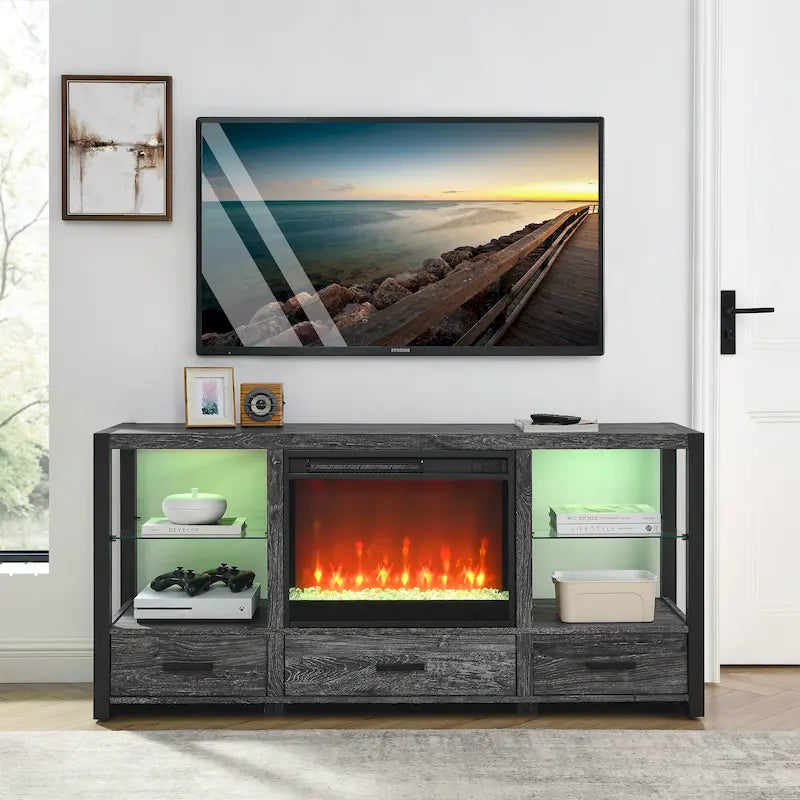 60-Zoll-Elektrokamin-TV-Ständer mit synchronisierten bunten LED-Leuchten, dunkle rustikale Eichenoptik
