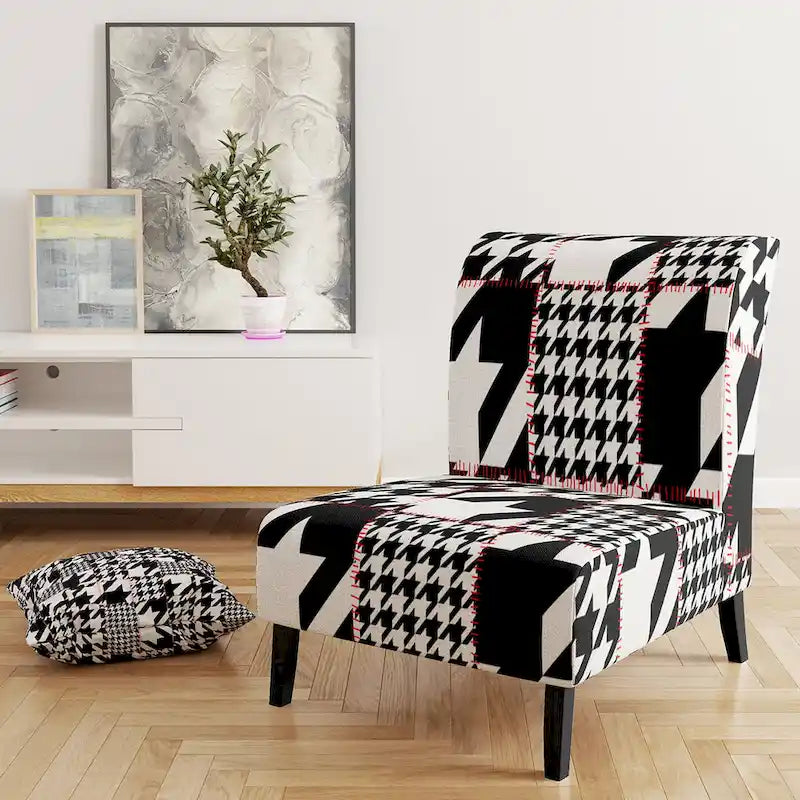 Classic Houndstooth Pattern Upholstered Mid-Century Accent Chair - Arm Chair
