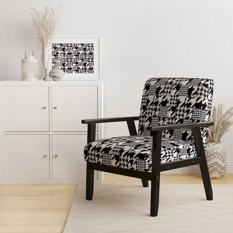 Classic Houndstooth Pattern Upholstered Mid-Century Accent Chair - Arm Chair