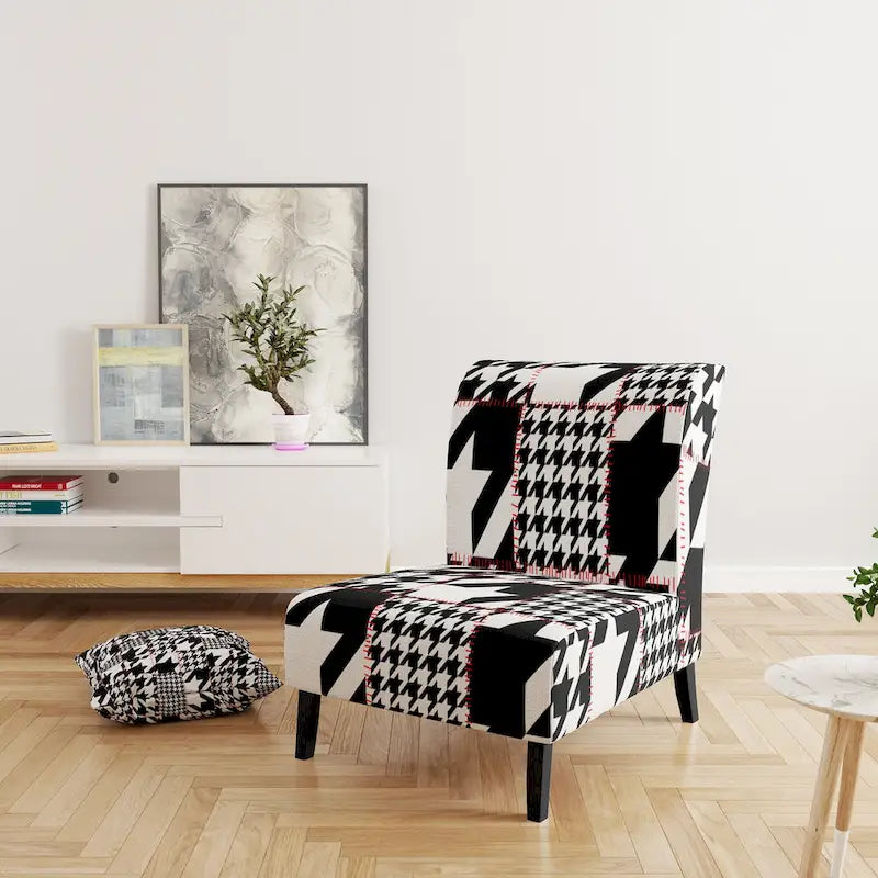 Classic Houndstooth Pattern Upholstered Mid-Century Accent Chair - Arm Chair