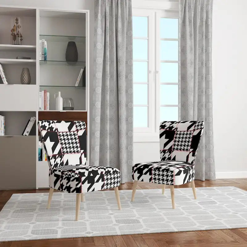 Classic Houndstooth Pattern Upholstered Mid-Century Accent Chair - Arm Chair