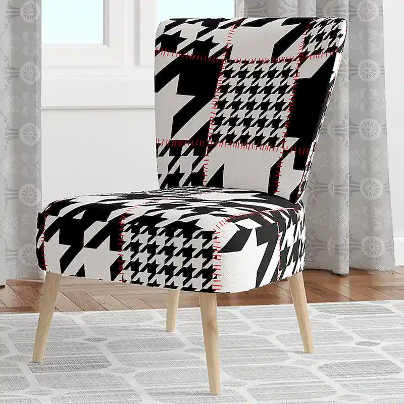 Classic Houndstooth Pattern Upholstered Mid-Century Accent Chair - Arm Chair