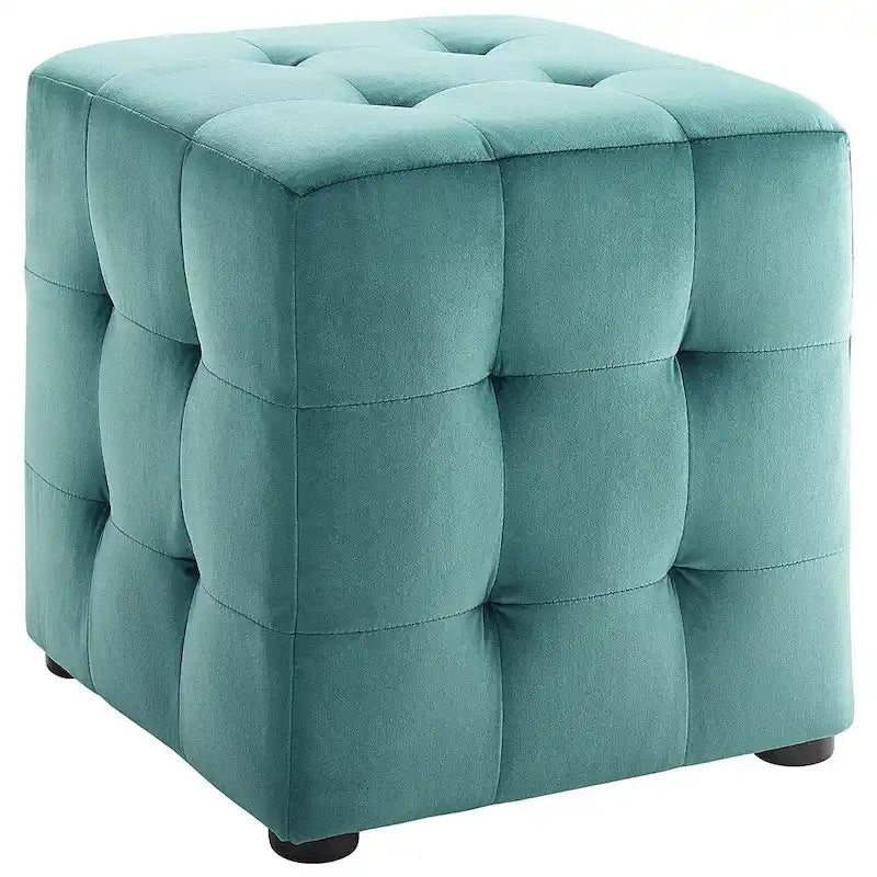 Teal Velvet Upholstered Tufted Cube Ottoman