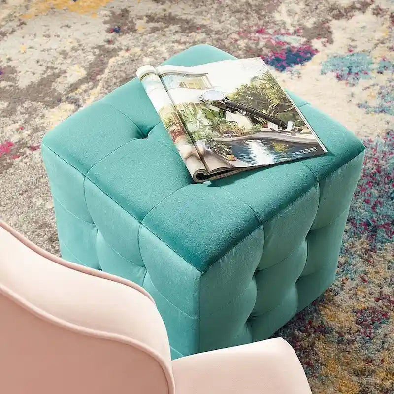 Teal Velvet Upholstered Tufted Cube Ottoman