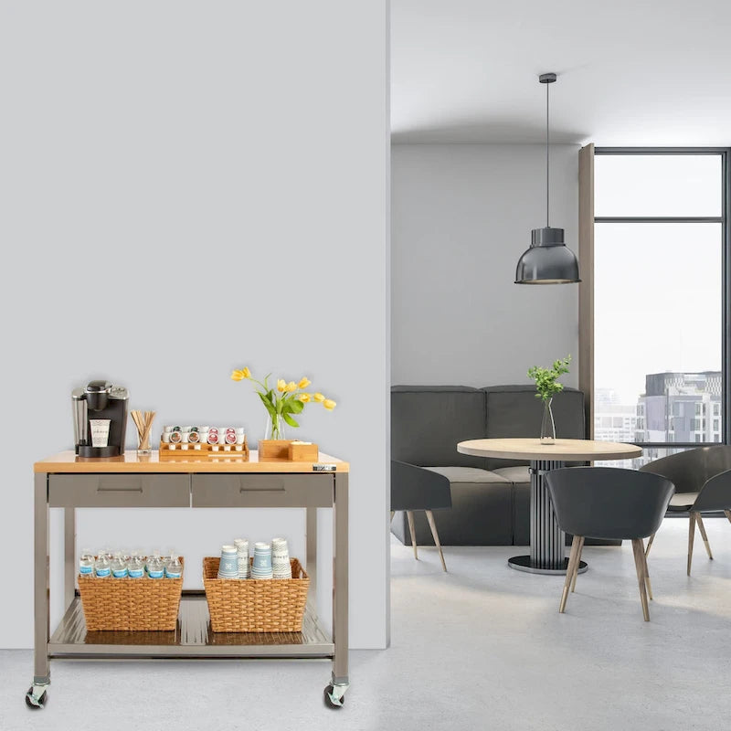 Home Stainless Steel 2-Drawer Mobile Workcenter Kitchen Cart Island with Solid Wood Top - 48 W x 24 D