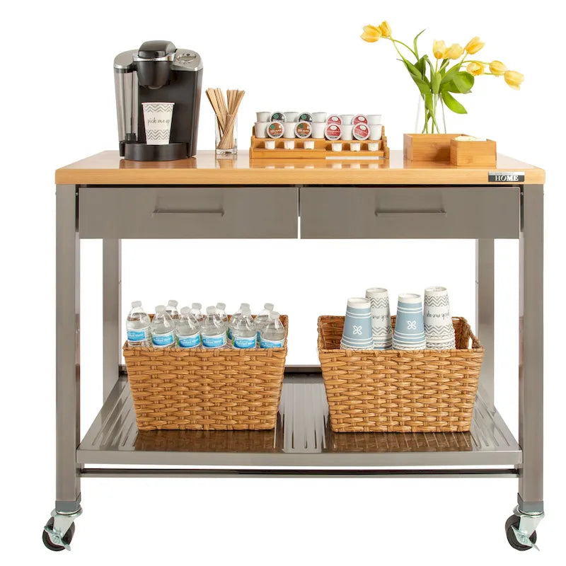 Home Stainless Steel 2-Drawer Mobile Workcenter Kitchen Cart Island with Solid Wood Top - 48 W x 24 D