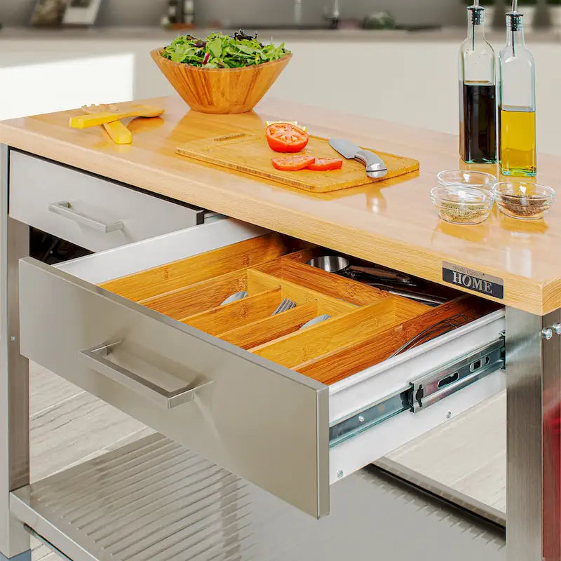 Home Stainless Steel 2-Drawer Mobile Workcenter Kitchen Cart Island with Solid Wood Top - 48 W x 24 D