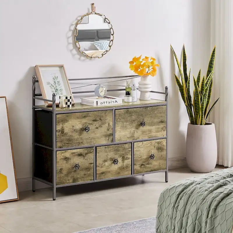 Wooden Dresser w/ 5 Drawers Furniture Storage Chest for Bedroom, Living Room