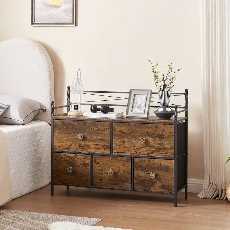 Wooden Dresser w/ 5 Drawers Furniture Storage Chest for Bedroom, Living Room