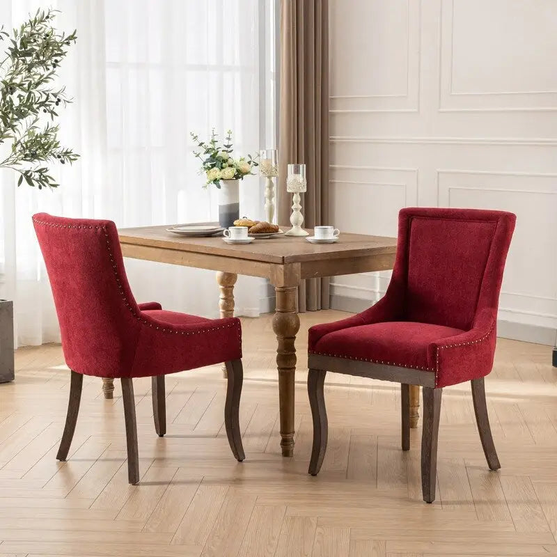 Thickened Fabric Dining Chairs w/Solid Wood Legs,Bronze nail head,Set of 2